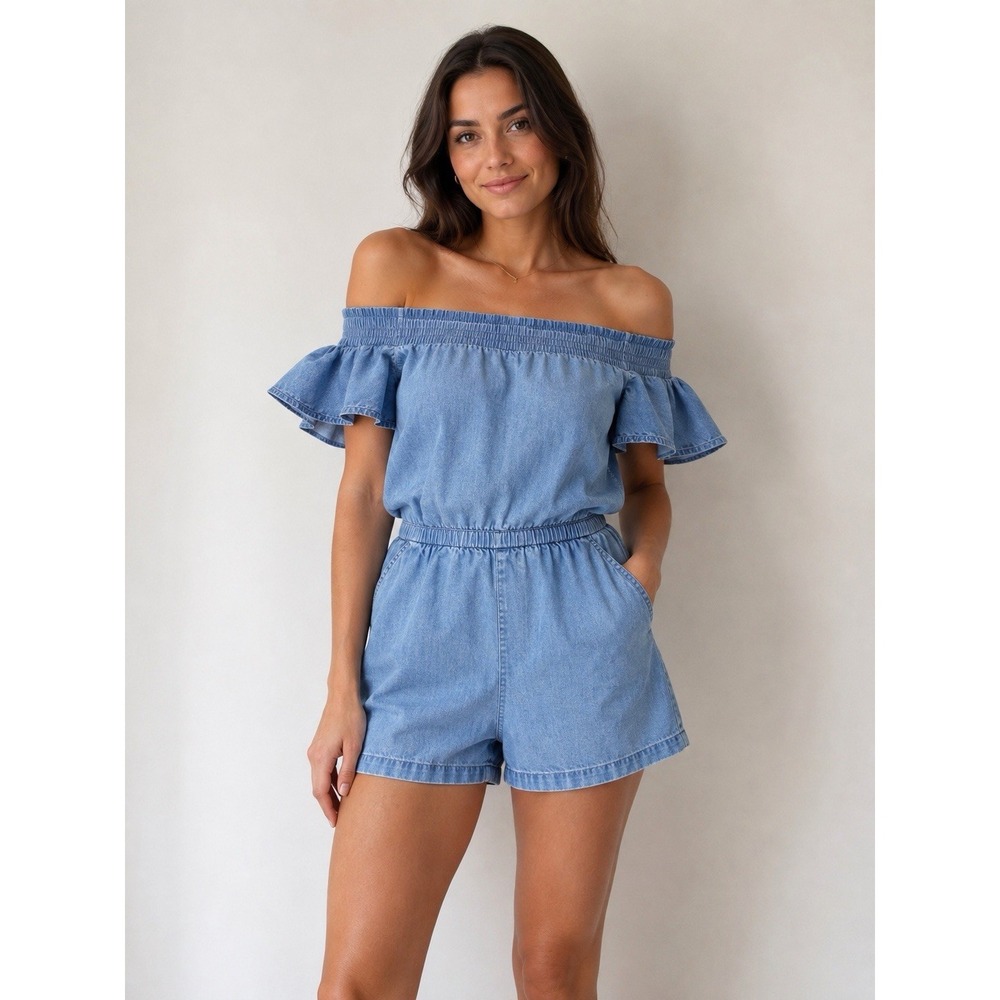 AllSaints Women's US 6 Blue Off Shoulder Ruffle Sleeve Denim Romper Shorts Boho